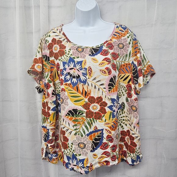 C&C California Orange Blue Floral Blouse Tee Linen Tropical Boho 1X - Picture 1 of 11